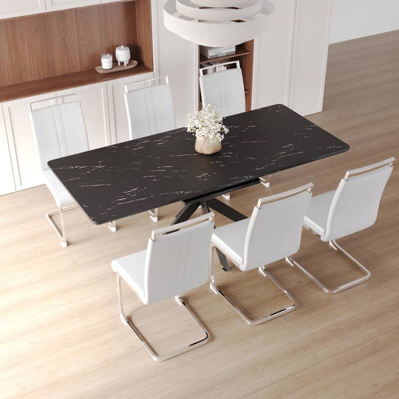 Modern Dining Set with Rectangular Extendable Table & High Back C-shaped Tube Armless Chairs