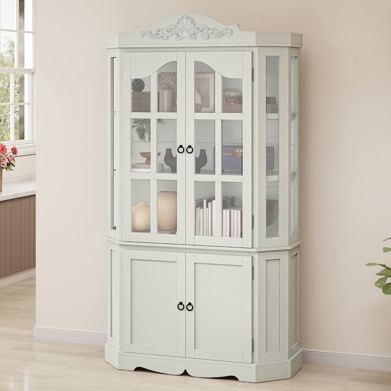 70.8 Inch Tall Hexagon Farmhouse Glass Display Cabinet with Adjustable Shelves - White