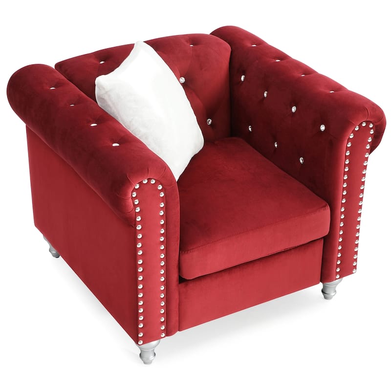 Solid Jeweled Tufted Velvet Accent Chair with Throw Pillow - 38" - Red and White