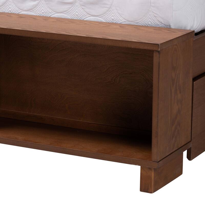 Latrell Mid-Century Walnut Brown Wood and Rattan Storage Bed