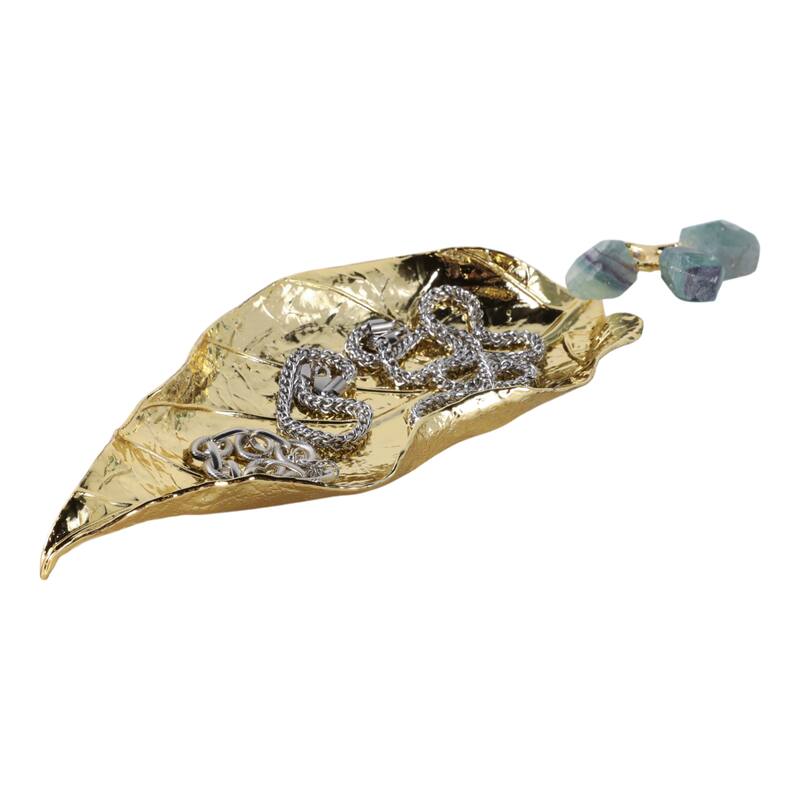 Metal Leaf Sculpture with Gemstone Detail Modern Accent - 14" Gold - 13.5" x 5.25" x 1.5"