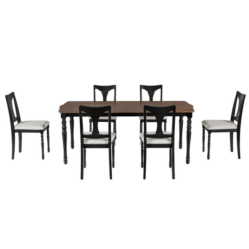 7-Piece Dining Table Set,Extendable Wood Dining Table with Removable Leaf, Kitchen Table Set with 6 Upholstered Side Chair