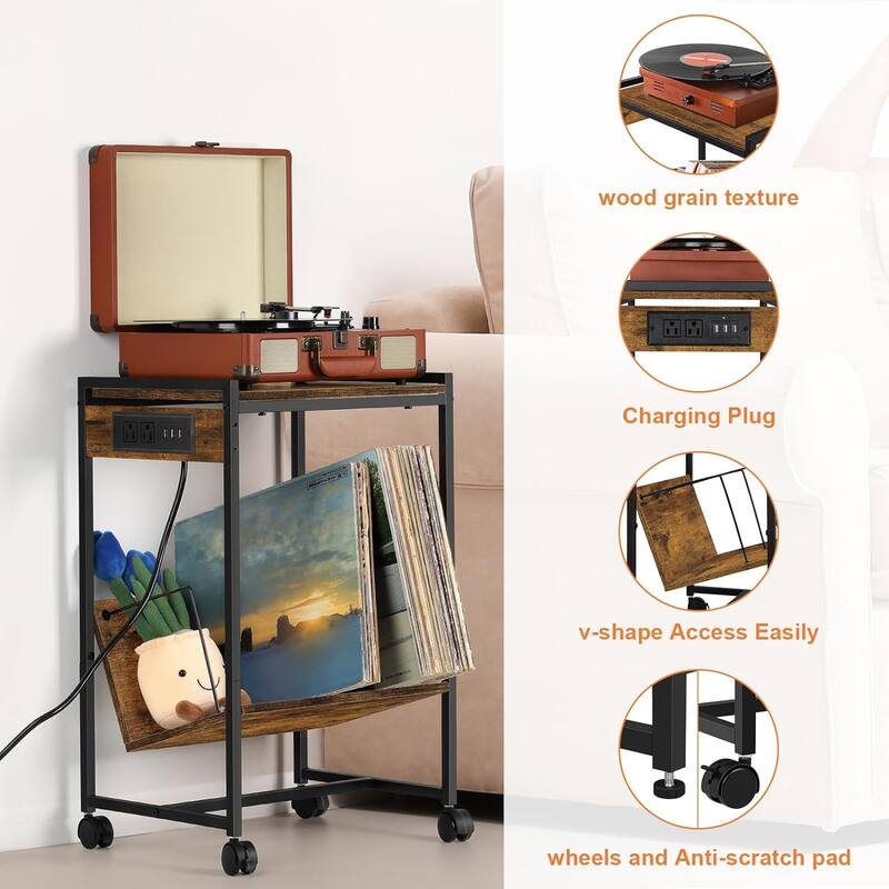 2 Tier Record Player Stand with Charging Station