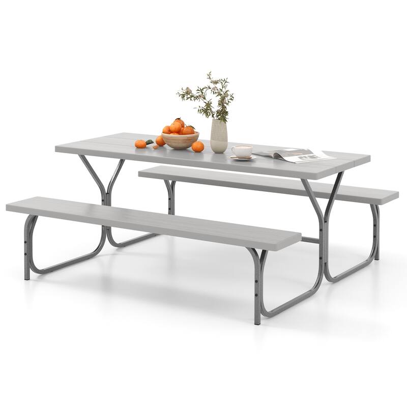 72 Inch 8-Person Outdoor Picnic Table and Bench Set with HDPE Wood-Texture Top and with Built-in Umbrella Hole
