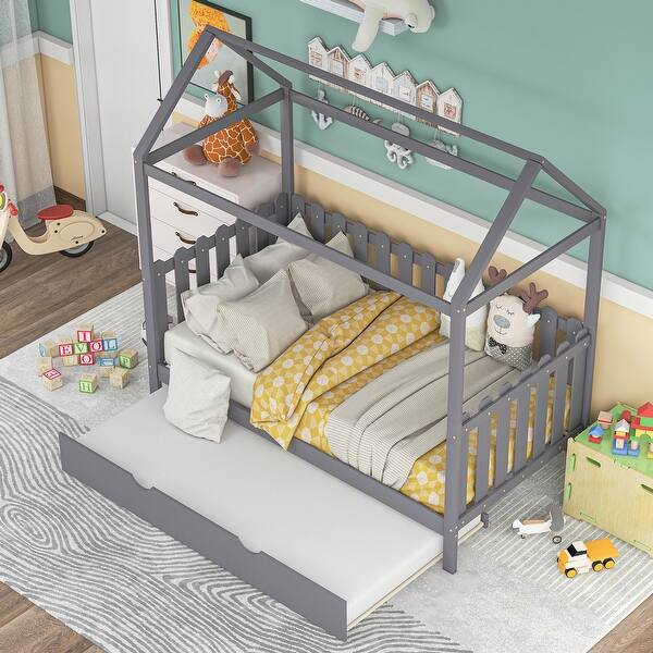 Twin Size Wooden House Bed with Trundle and FenceShaped Guardrail
