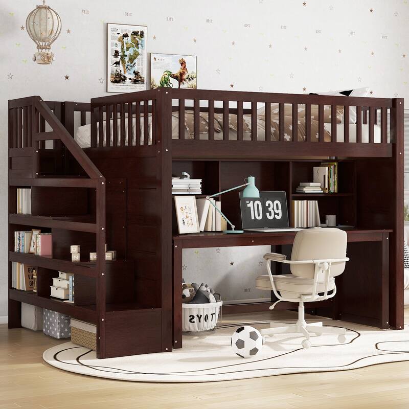 Full Size loft bed with movable desk and storage shelf, featuring storage stairs - Espresso