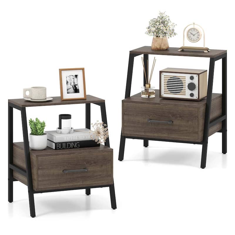 1/2PCS Farmhouse Nightstand 2-Tier Bedside Table Wood End Table - 2PCS