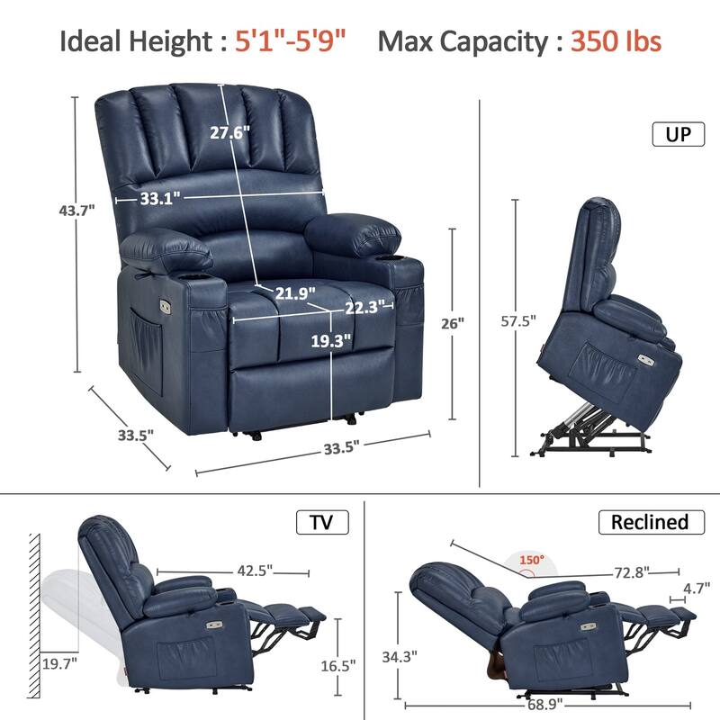 MCombo Power Lift Recliner Chair, Massage and Heat for Elderly, Extended Footrest,Cup Holders, USB Ports 7095