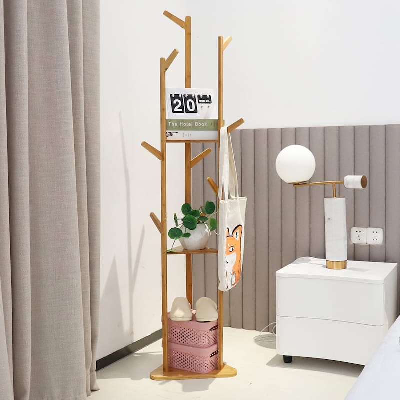 Solid Wood Floor Standing Hat Coat Hanger Storage Rack