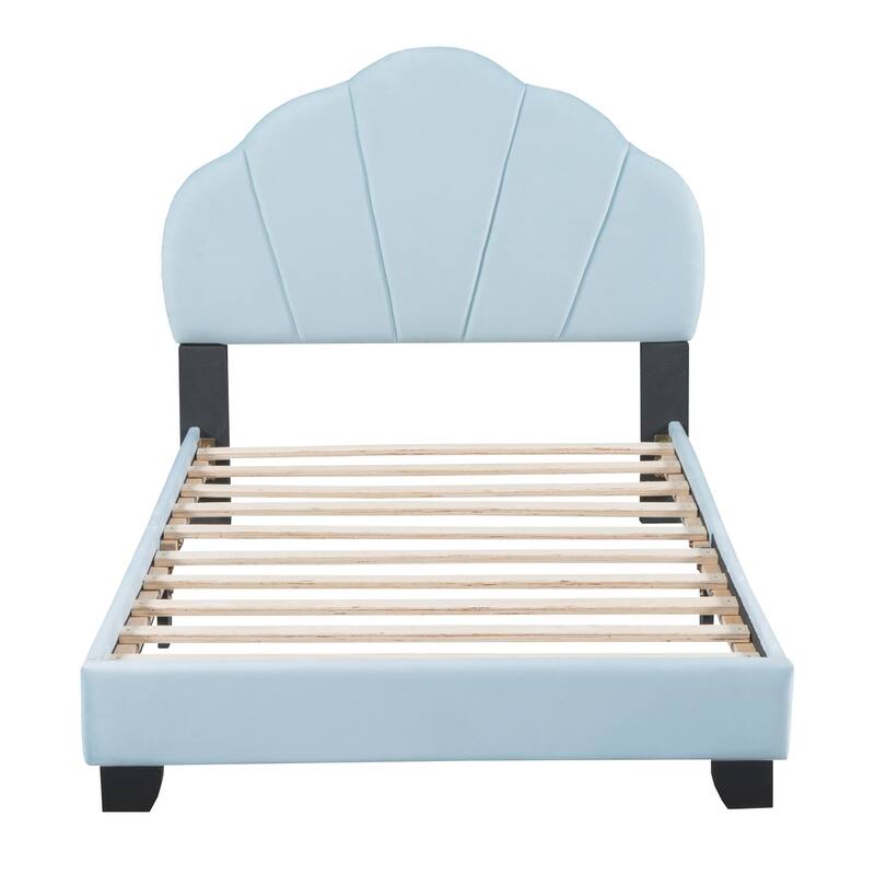 Kids Shell Twin Bed Frame Upholstered Low Profile Platform Bed Slats Supports Child Comfortable Sleep Velvet Bed Frame - Blue