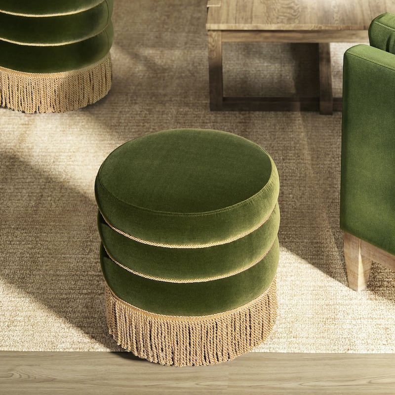 Edward 17.5" Round Upholstered Ottoman with Gold Bullion Fringe