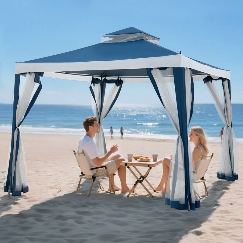 Sunjoy 10’ x 10’ Outdoor Patio Gazebo, Outdoor Backyard Modern 2-Tier Steel Frame Soft Top Gazebo with Mesh Netting