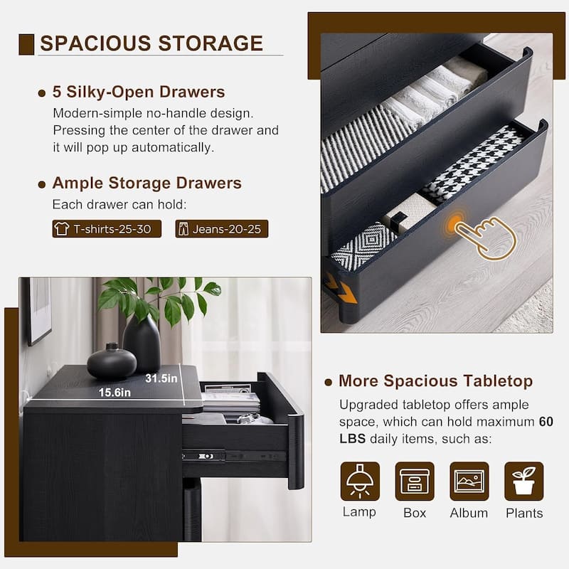 Modern 5 Drawer Dresser for Bedroom, Handle-less Wooden Dressers