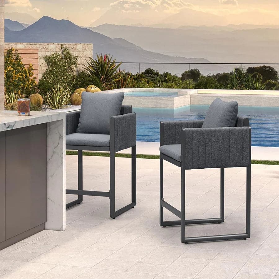 PURPLE LEAF Bar Stool Set of 2 Outdoor Rattan Bar Chair with Back Metal Bar Height Stool Wicker Barstool Dark Grey