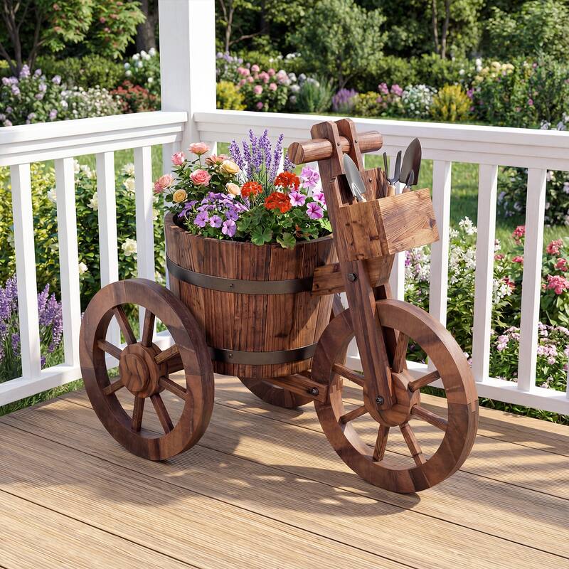Gymax Rustic Wood Tricycle Planter w/Barrel Pot & Storage Box for