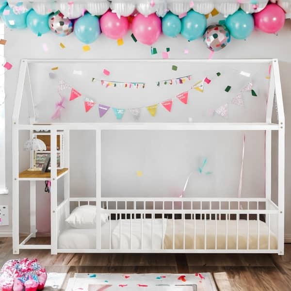 slide 2 of 30, Metal Twin Size Kids Bed House Bed with Desk,Shelves,Power Outlets and USB Ports White