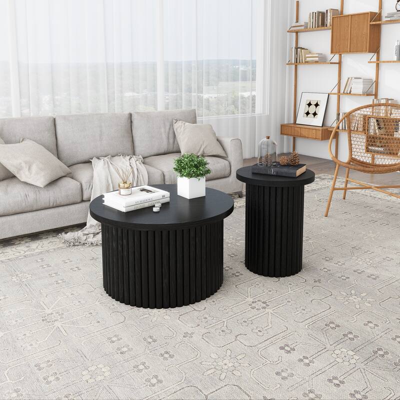MDF Coffee Table Set with Slatted Legs & Non-Slip Pads - Black