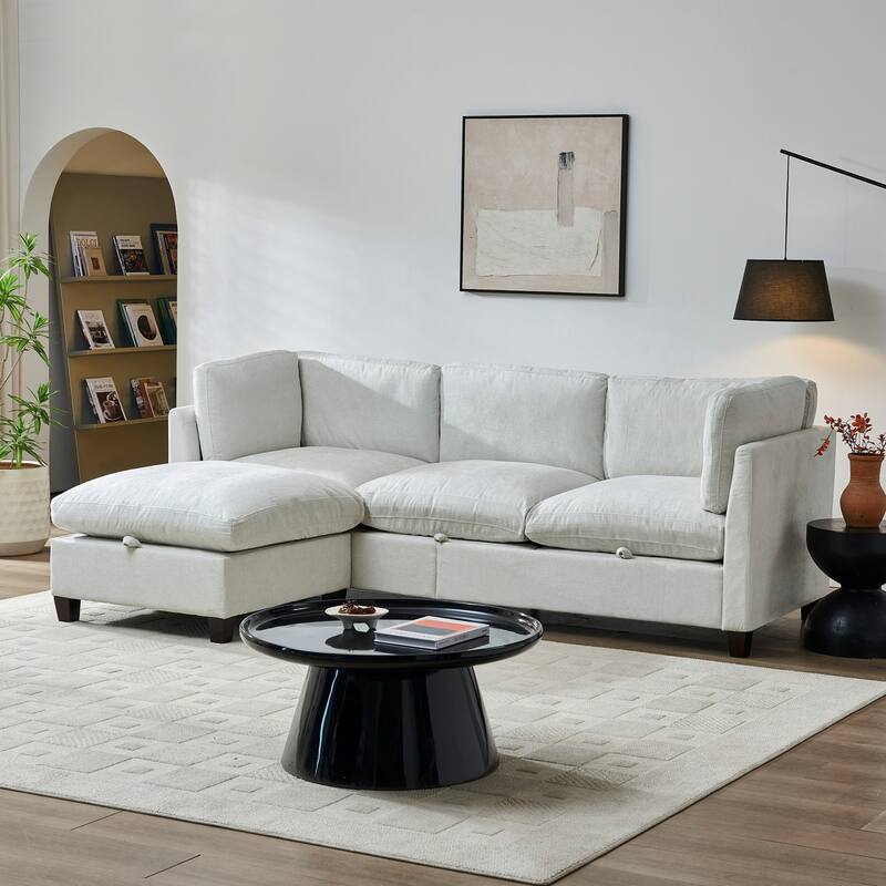 96.5" L-Shaped Chenille Sectional Sofa with Storage and Movable Ottoman
