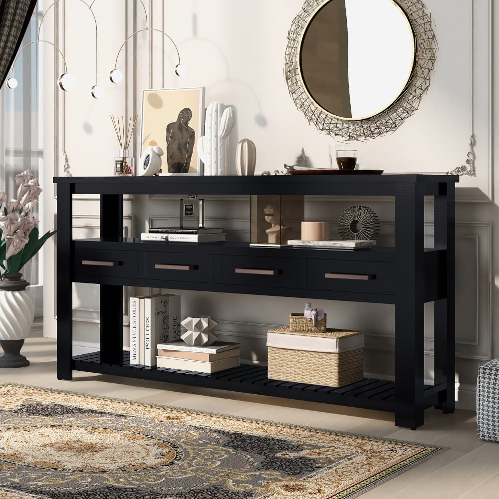 62.2" Modern Console Table with 4 Drawers and 2 Shelves