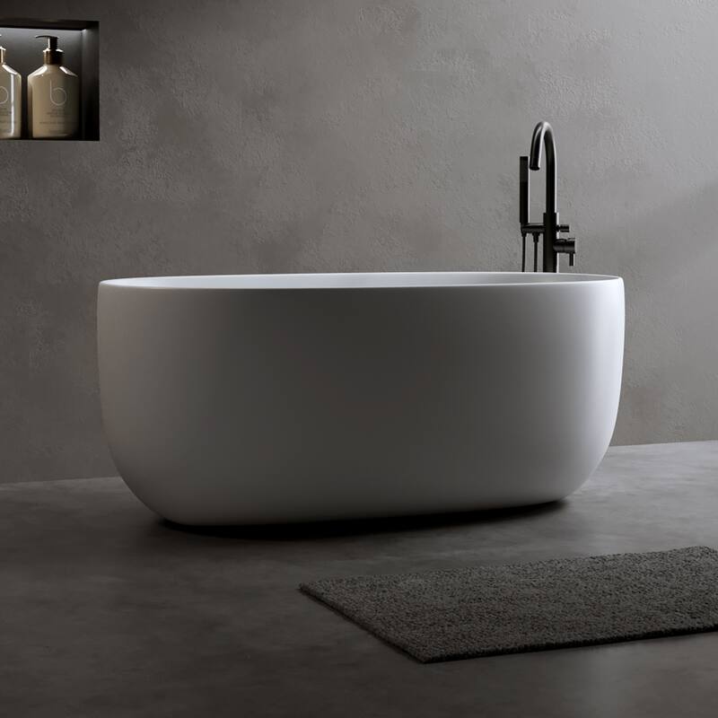 Solid Surface Freestanding Soaking Bathtub with Center Drain and Pop-up Drain, Modern Tubs with Overflow