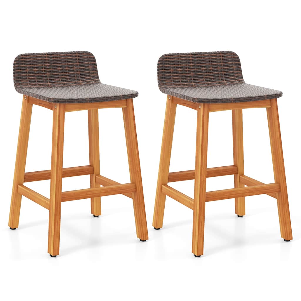 Gymax Solid Acacia Wood Bar Stools Set of 2 Rattan Bar Height Patio