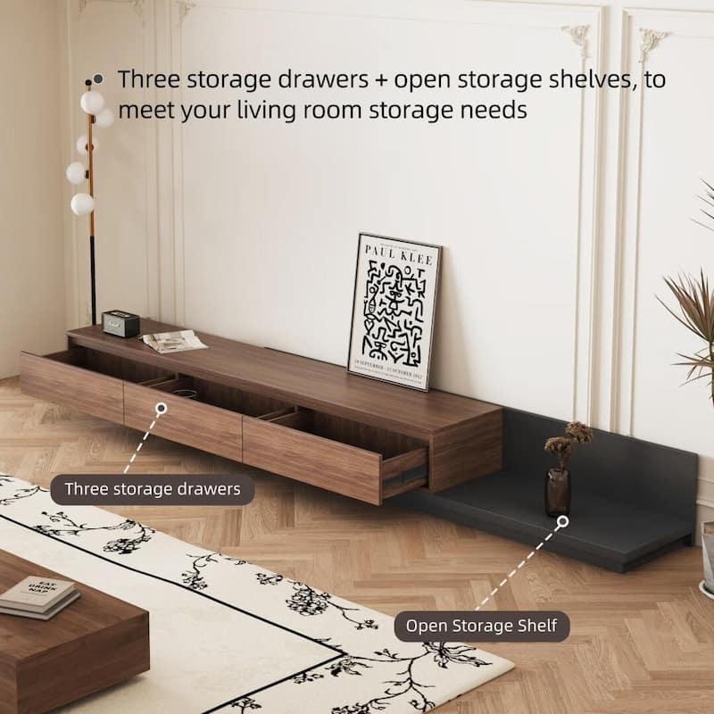 Extendable 118" Modern TV Stand with 3 Spacious Drawers, Adjustable Length Media Console for Living Room