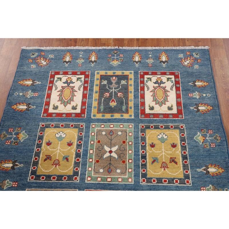 Blue Geometric Kazak Area Rug Hand-Knotted Wool Carpet - 4'2" x 5'11"