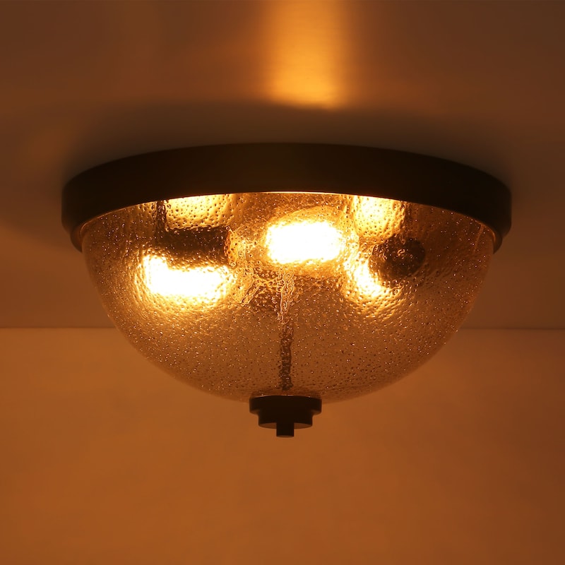 15.9" W 3-Light Vintage Matte Black Dome Metal Flush Mount Bowl Ceiling Light with Transparent Black Textured Glass for Foyer