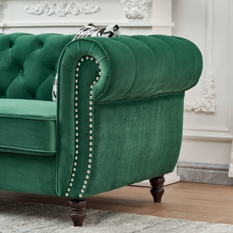 Velvet Upholstery Fabric 2-Seater Sofa with Rolled Armrests and Rivet Embellishments, for Living Rooms, Green