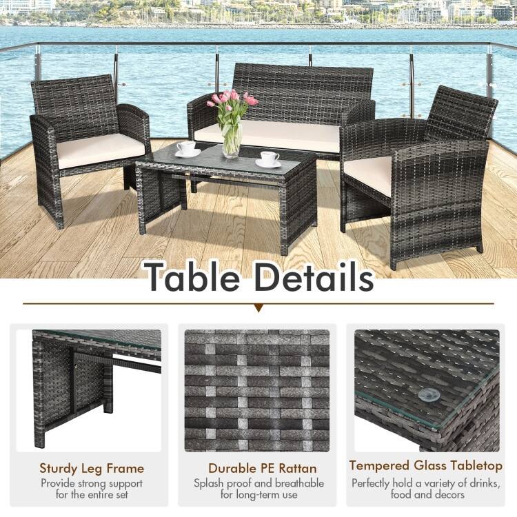 4 Pieces Patio Rattan Furniture Set with Glass Table and Loveseat - 43.5" x 25"x 31" (L x W x H)