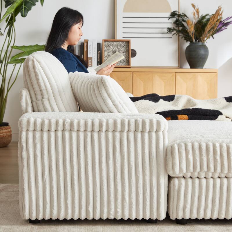 Deep Seat Sectional Loveseat Set with 2 Ottoman and 2 Pillows, Corduroy Chaise Lounge Bed with 2 Storage Spaces and Cupholding