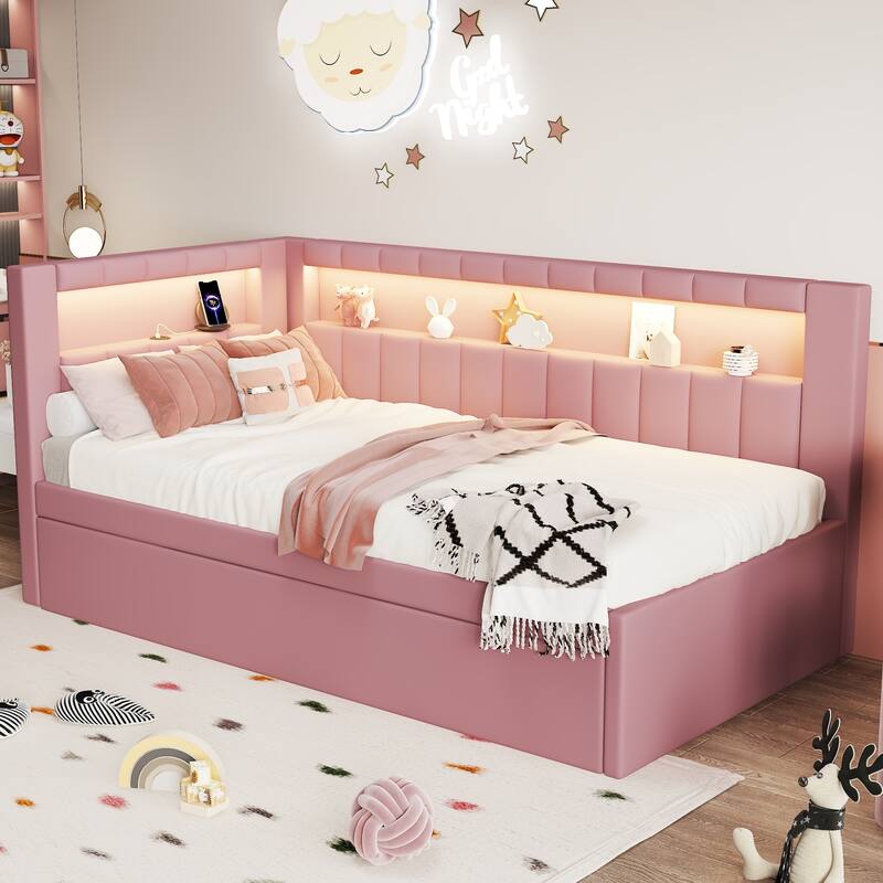 Upholstered Twin Size Platform Bed with USB Ports and LED Belt, With Trundle