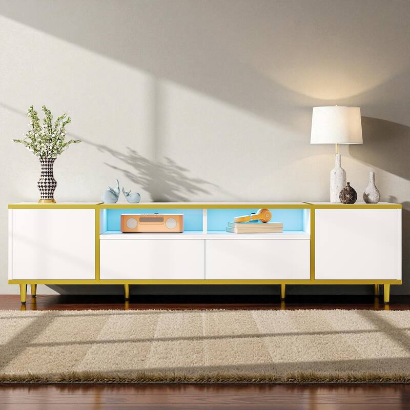 70.9'' Modern TV Stand for TVs up to 80'', Entertainment Center with LED Lights, 2 Cabinets, 2 Drawers & Metal Legs - White