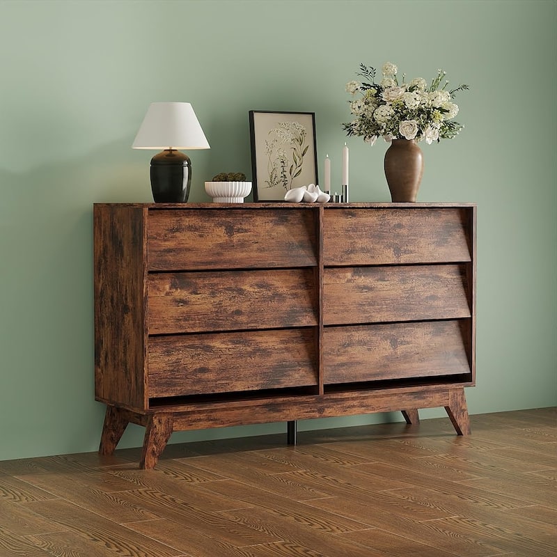 6-Drawer Dresser for Bedroom, 47.2" Wide Mid Century Chest of Drawers, Wooden Dresser TV Stand - brown