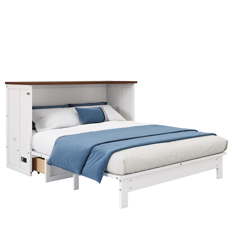 Solid Pine Murphy Bed Cabinet Bed Space-Saving Foldable Bed with Walnut Desktop and a Big Storage Large Drawer, Charging Station