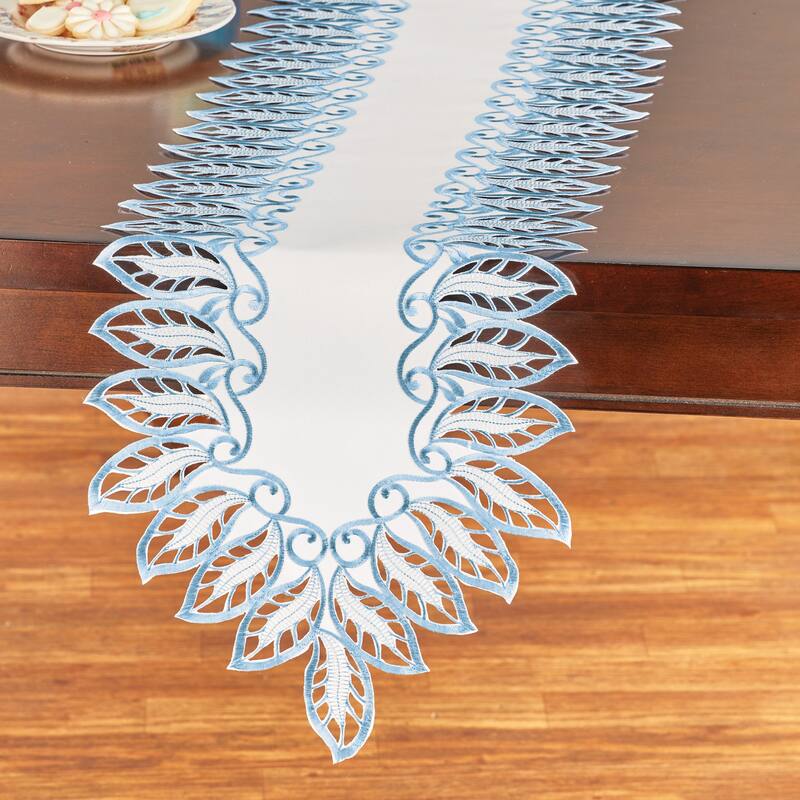 Embroidered Dainty Leaf Border Table Linens - Blue - Runner