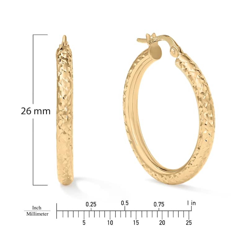 Clover 14K Yellow Gold Diamond-Cut Round Hoop Earrings 3mm (16mm-36mm)