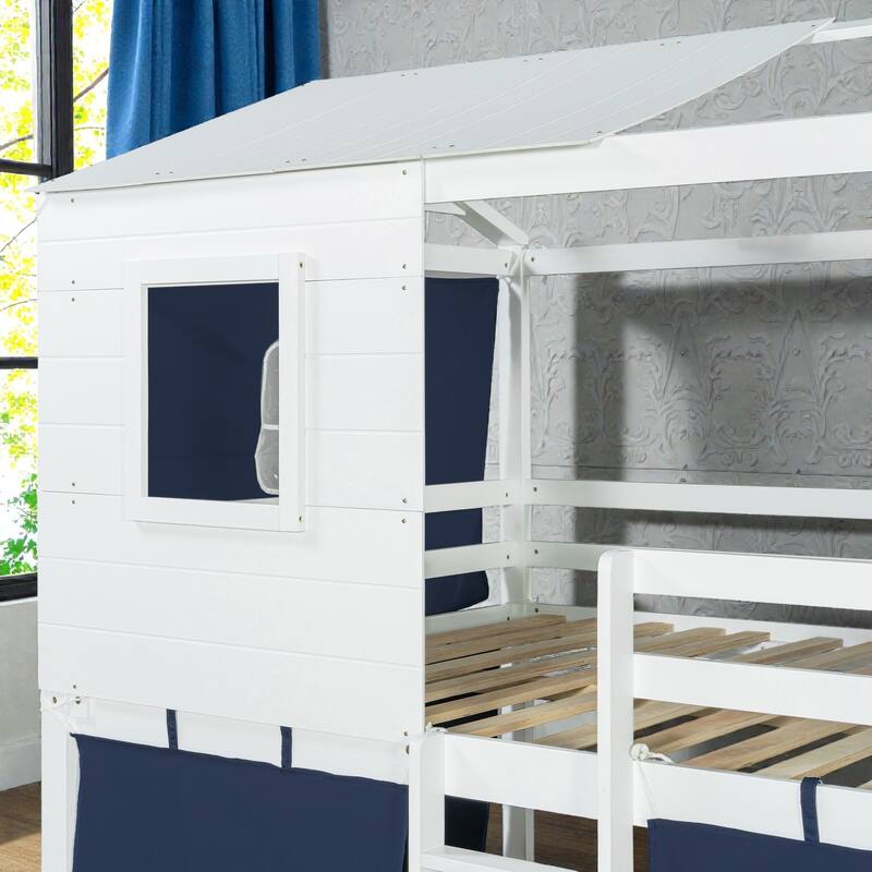 Twin/Full Wood House Bunk Bed with Tent, Playhouse Design, Windows & Roof, Solid Wood Frame, No Box Spring Required