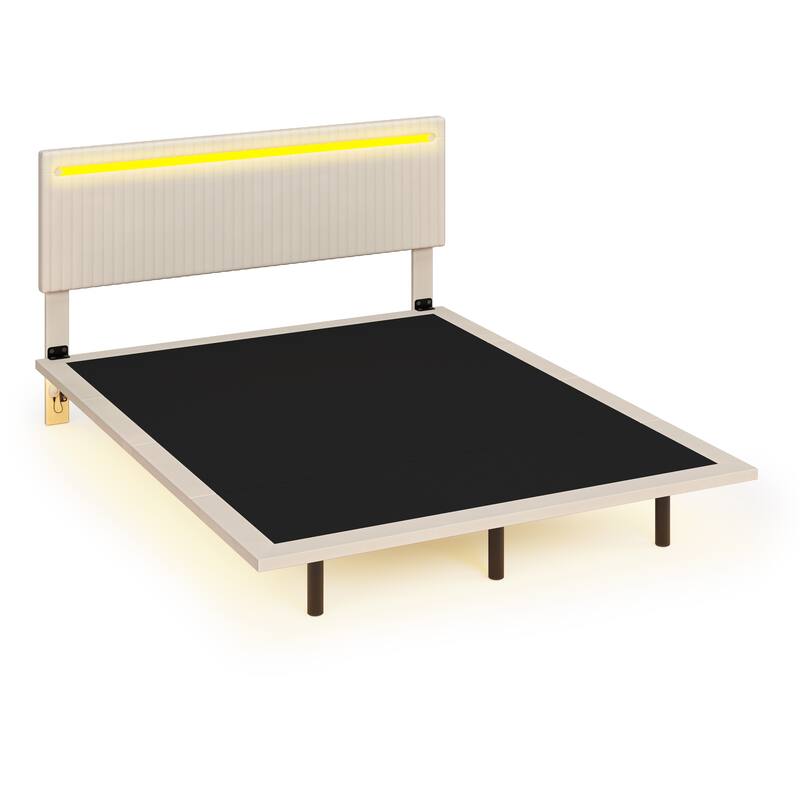 Modern Upholstered Floating Bed Frame with LED Lights, Vertical Channel Design Velvet Fabric Bed, Queen Size, Beige