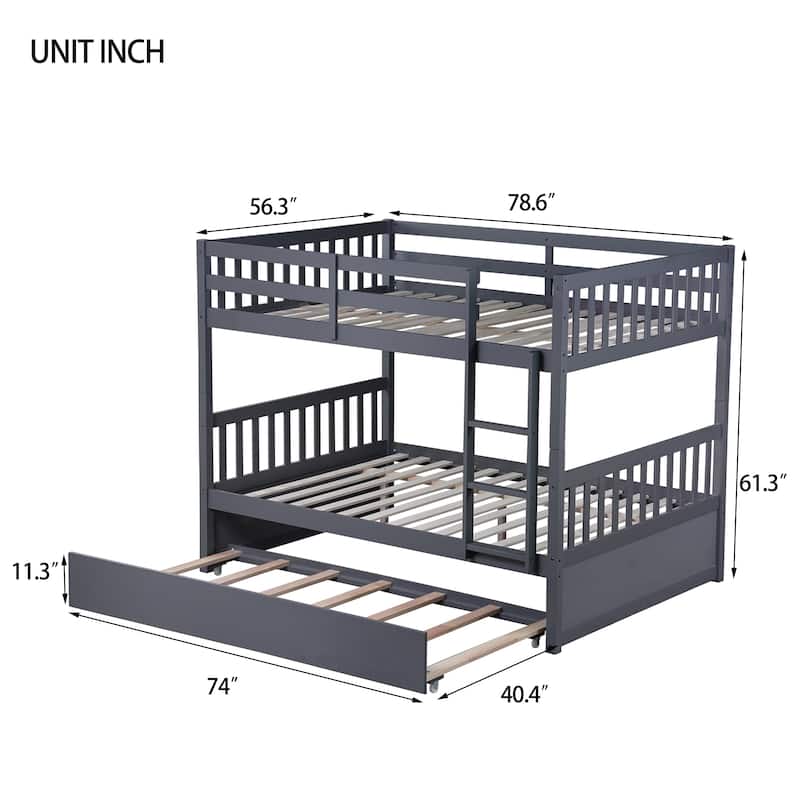 Full Over Full Bunk Bed Wood Bunk Bed with Trundle, Ladder and Guardrails,Convertible to 2 Bed for Teens, Adults