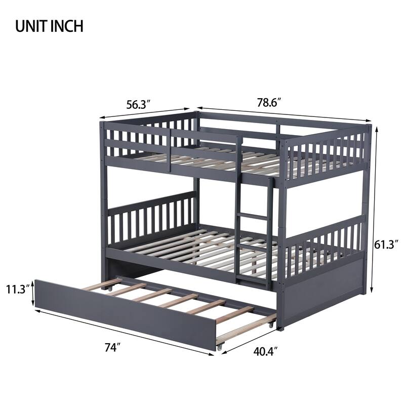 Full Over Full with Trundle, Convertible to 2 Full Platform Beds,Bunk Bed with Ladder and Safety Guardrails