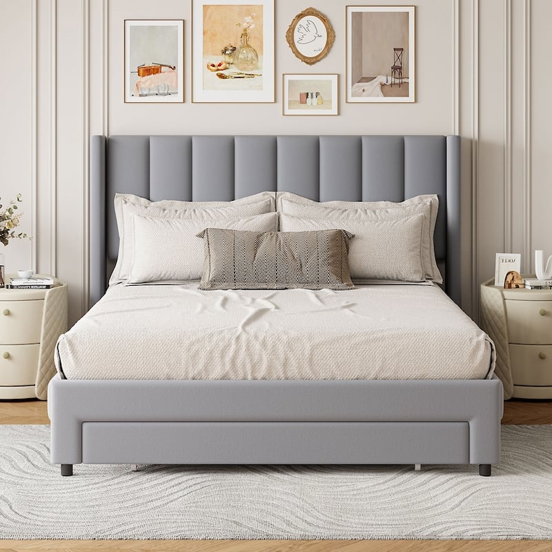 Upholstered Platform Bed with a Big Drawer