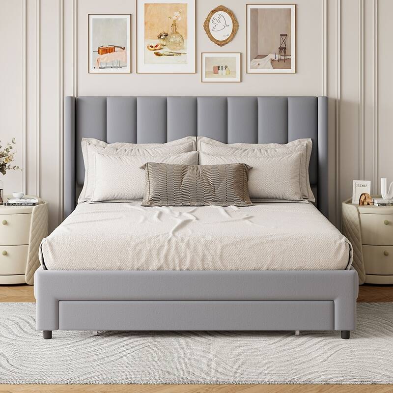 Velvet Upholstered Storage Platform Bed with a Drawer