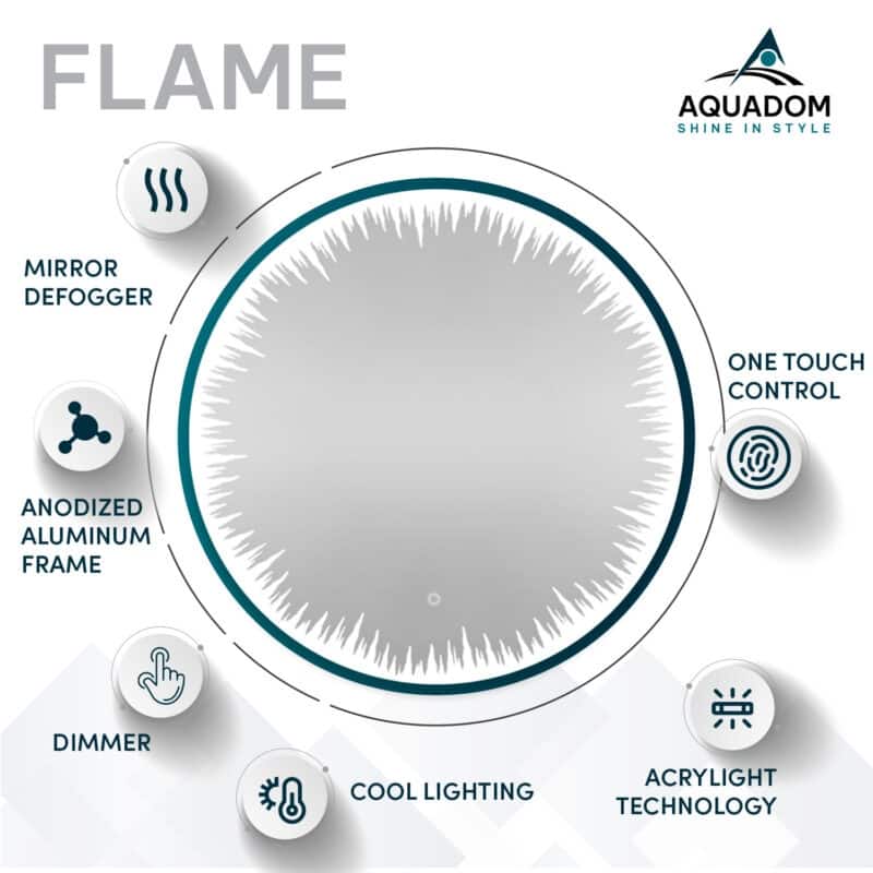 AQUADOM Flame LED Lighted Round Mirror With Dimmer, Defogger, Touch Control - 36"