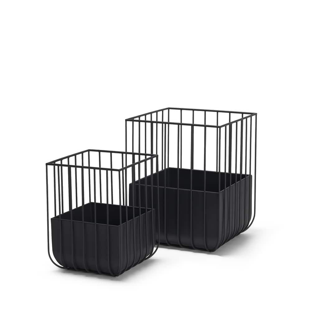 Verna Matte Black Wire Cage Metal Planters (Set of 2) - 15.8L x 15.8W x 19.9H