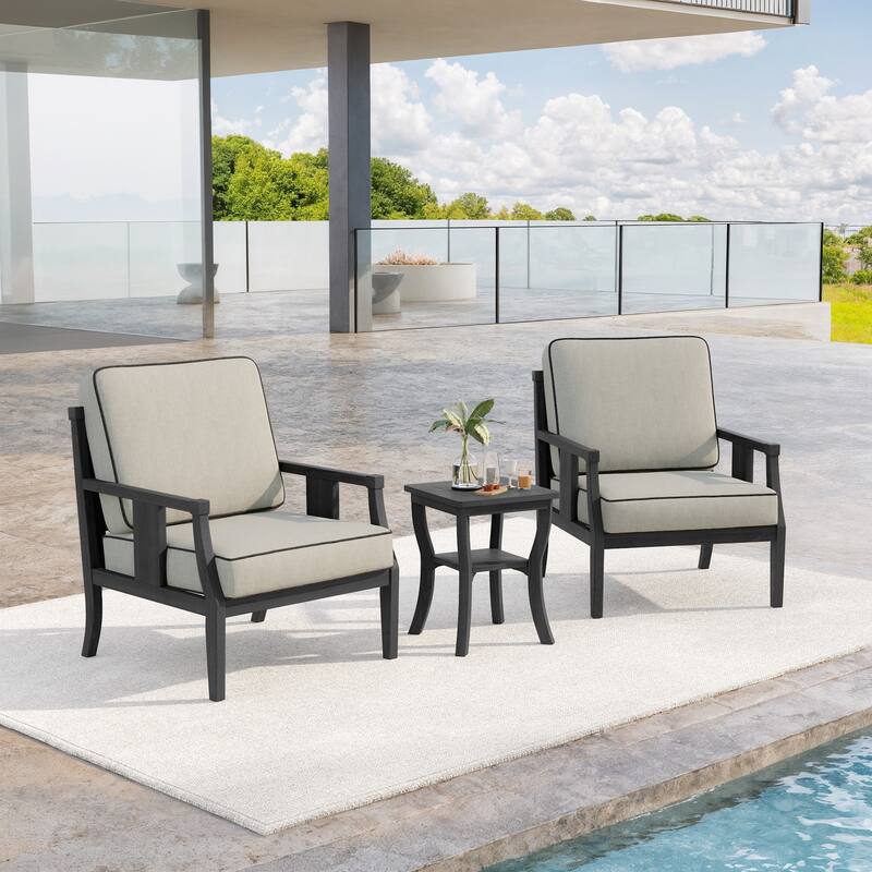3-Piece Teak Wood Outdoor Armchair Set with Side Table, Cushions, Patio Seating Sets