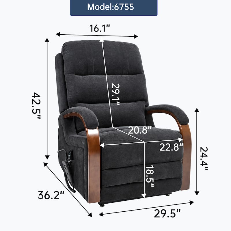 Chenille Power Lift Recliner Chair with Heat & Massage, Infinite Position Electric Recliner with Wood Armrests & Side Pockets