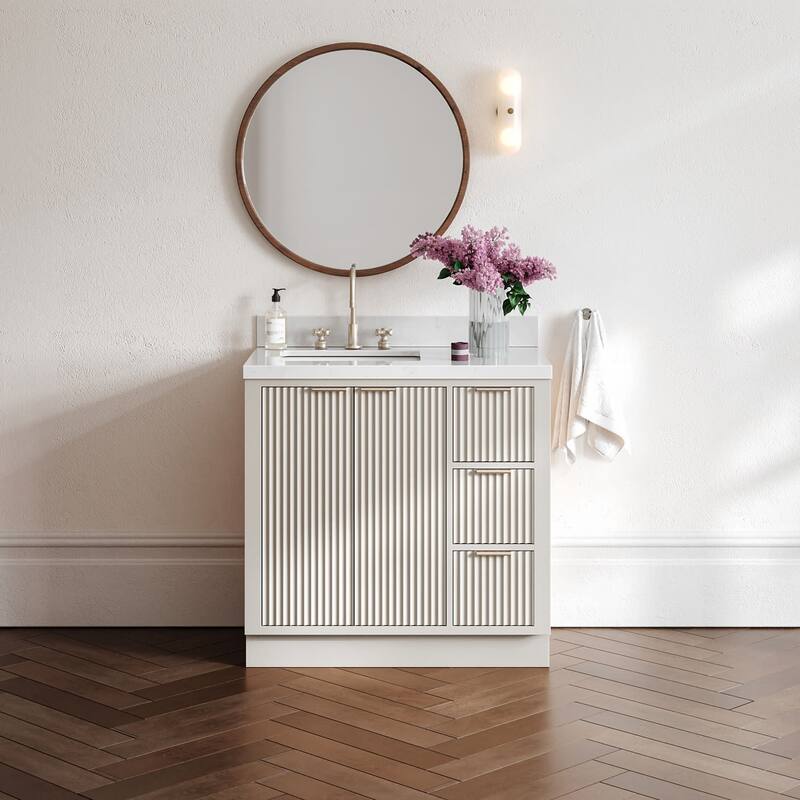 Ariel P36LCQRVO Milan 36" Free Standing Single Basin Vanity Set with - Warm White / Carrara White Quartz Top / Brushed