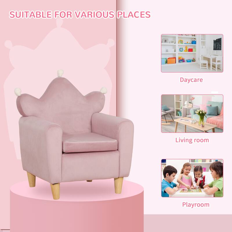 Qaba Soft Kids Sofa Chair, Single Lounger Armchair for Children with Strong Frame, Cute Pink Crown Throne for Relaxing
