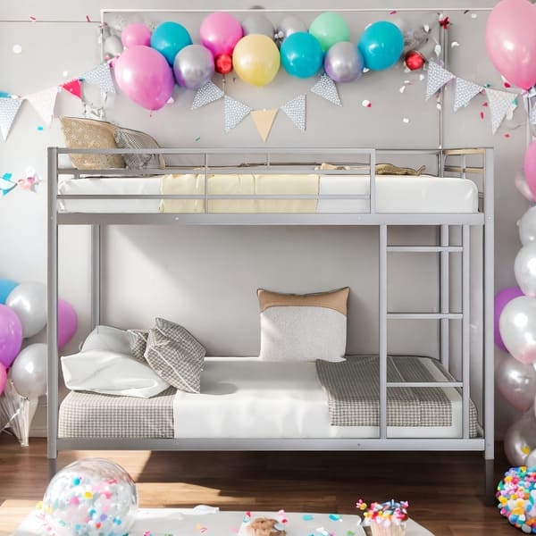 slide 2 of 9, Modern Full Over Full Convenient Design Metal Bunk Bed,Low Bunk Bed With Ladder, Silver